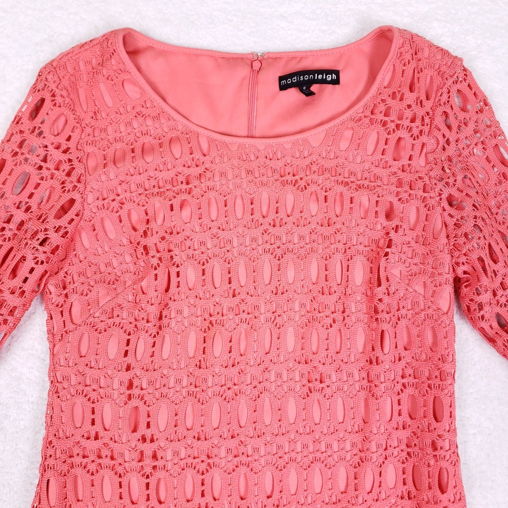 Madison Leigh Lace Sheath Dress Womens 8 Coral Pink Bell Sleeve Wedding Guest - Picture 2 of 10